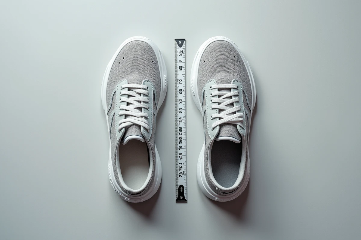 Vue de dessus de deux sneakers comparées côte à côte avec un mètre ruban pour illustrer la différence de pointure et de semelle