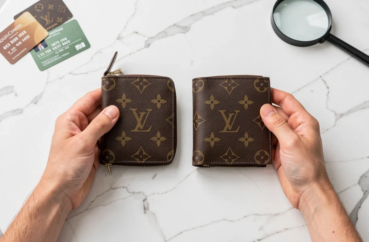 Comparaison côte à côte d'un vrai et d'un faux portefeuille Louis Vuitton sur marbre blanc