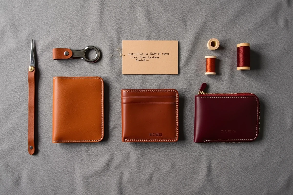 Vue à plat de trois styles de portefeuilles personnalisables en cuir de différentes couleurs, avec outils de gravure et échantillons, pour illustrer les options de personnalisation durables.