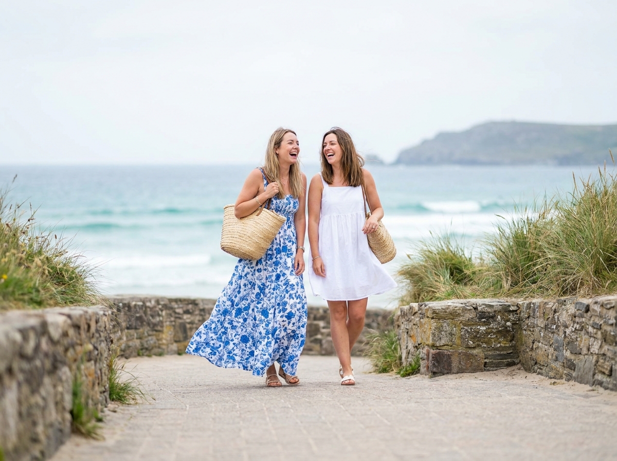 Deux femmes comparant robe longue fleurie et robe courte unie sur un bord de mer en été