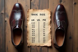 Comparatif des tailles de chaussures UK et FR avec une paire de chaussures Oxford en cuir marron et un tableau de conversion manuscrit