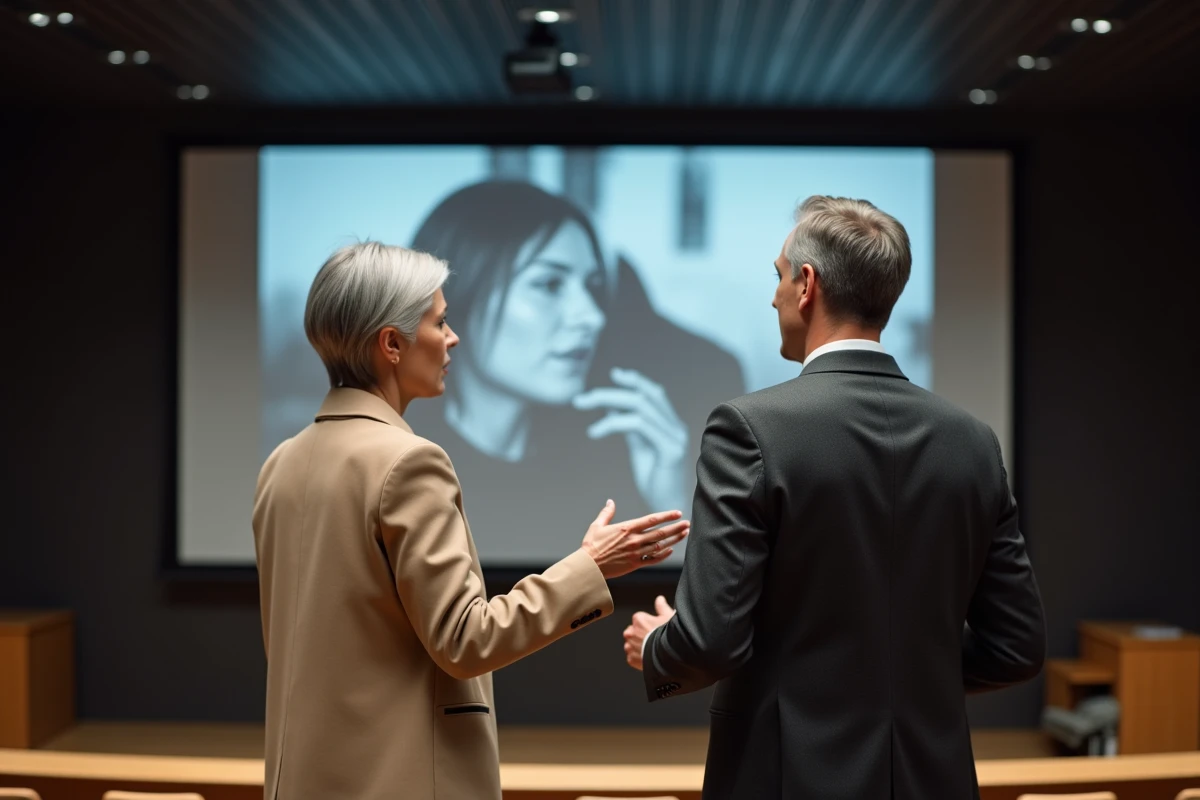 Conférence universitaire commentant l'œuvre photographique de Béatrice Vonderweidt devant un auditoire