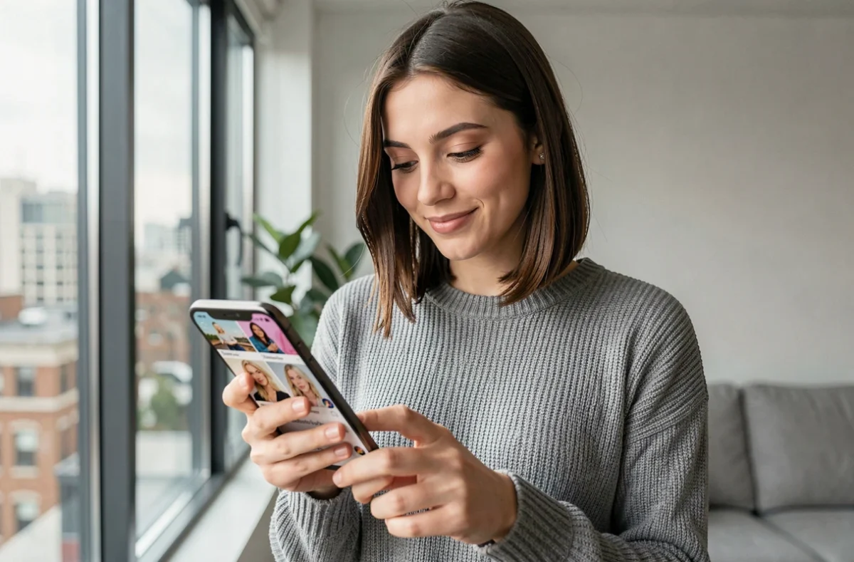 Jeune femme consultant une galerie de photos complète d'une artiste sur un site fan depuis son smartphone