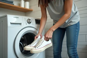 Femme plaçant des Converse blanches dans un lave-linge pour un lavage en machine