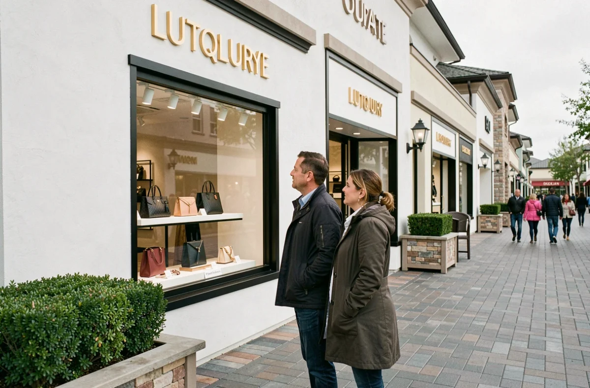Couple découvrant les vitrines de marques premium dans un village de marques à prix réduits