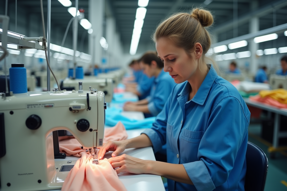 Femme d'âge moyen utilisant une machine à coudre moderne en usine textile