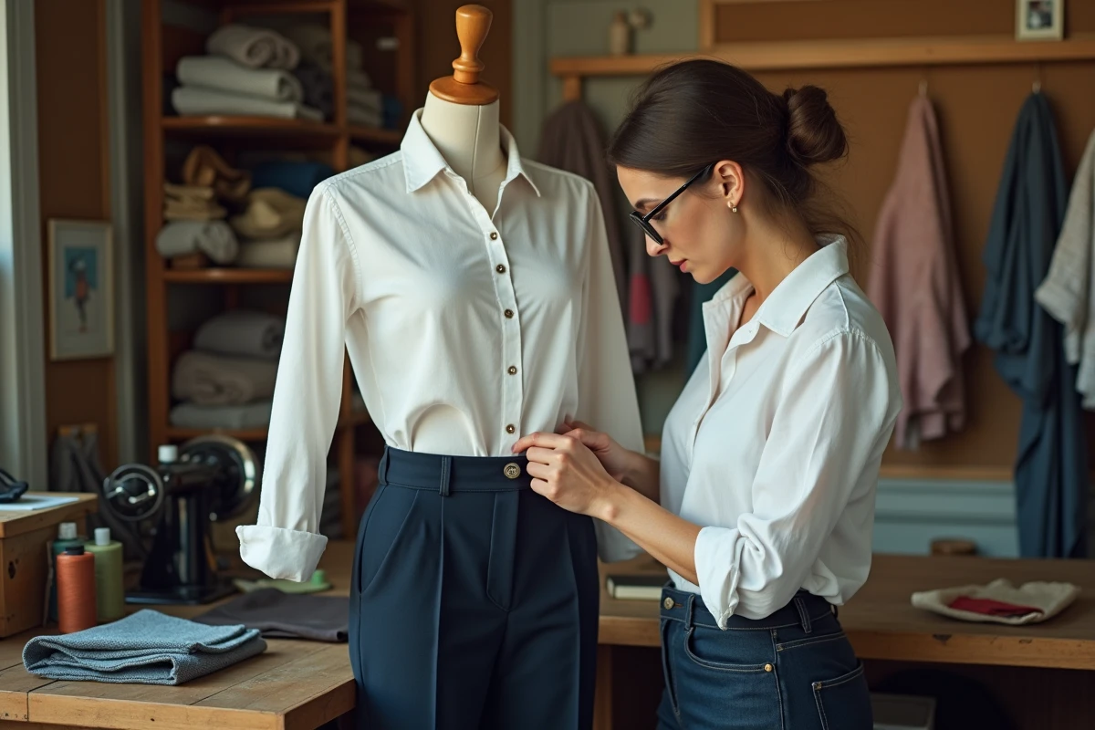 Couturière épinglant l'ourlet d'un pantalon homme dans un atelier de retouche indépendant