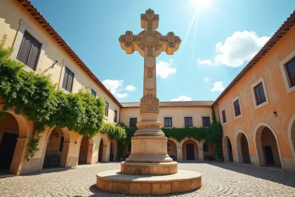 Croix de l'Ordre du Christ en pierre calcaire ornée de motifs manuélins dans la cour du couvent du Christ à Tomar, Portugal