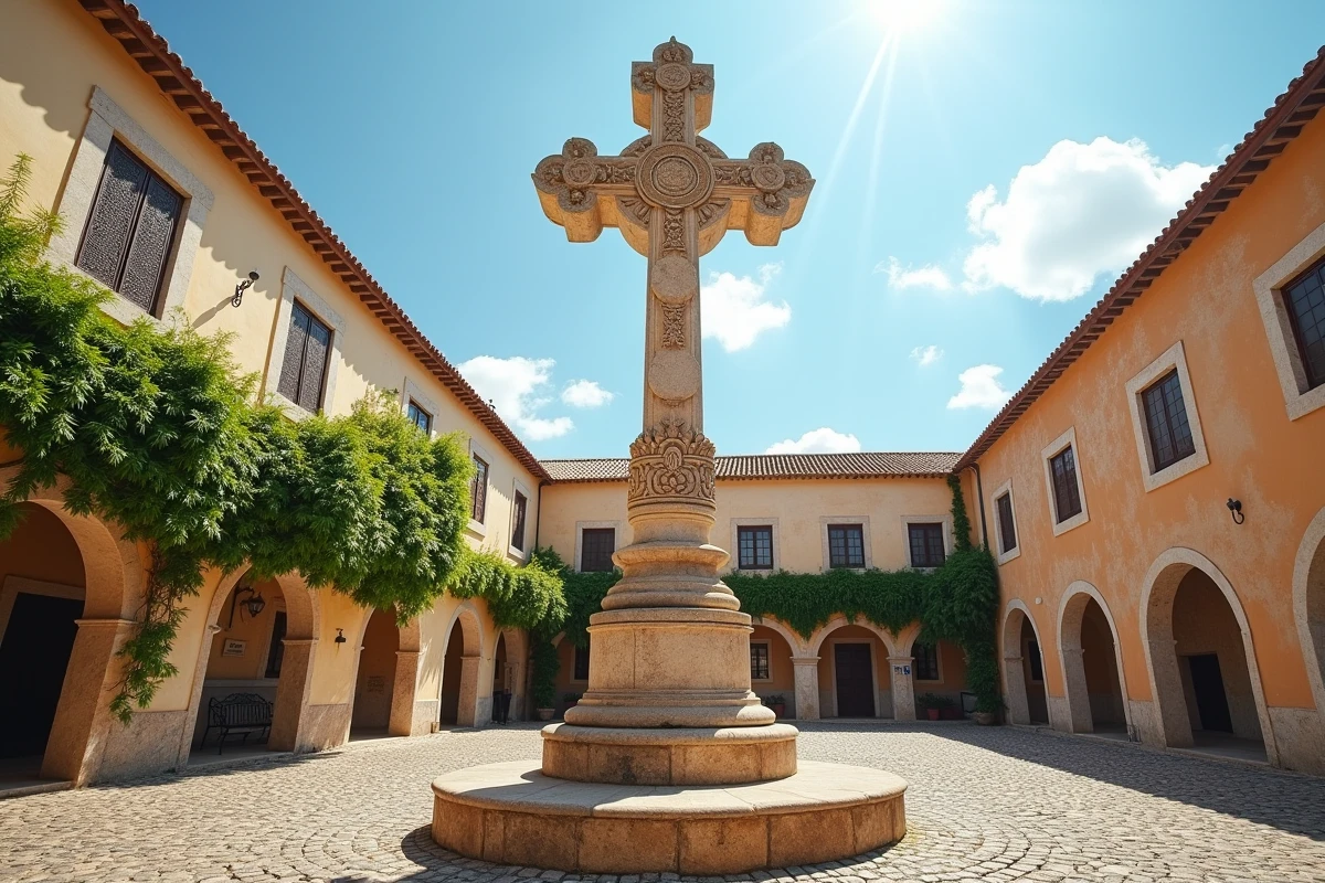 Croix de l'Ordre du Christ en pierre calcaire ornée de motifs manuélins dans la cour du couvent du Christ à Tomar, Portugal