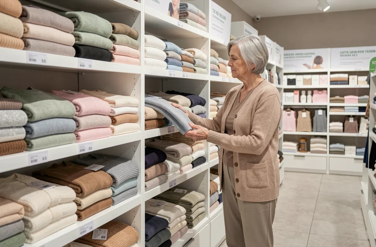 Boutique Damart à Saint-Maximin avec une cliente examinant des vêtements thermiques et des tricots confortables