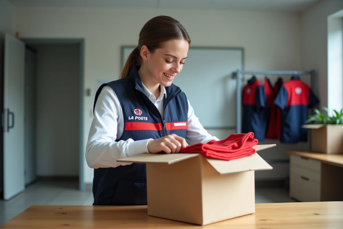 Employée La Poste déballant une commande de vêtements professionnels reçue dans un carton dans une salle de pause