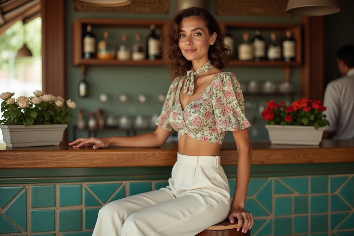 Femme de petite morphologie en tenue guinguette années 40 avec pantalon large et top fleuri à manches bouffantes