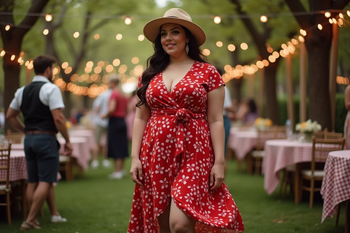 Femme ronde en robe guinguette wrap rouge à cerises avec chapeau de paille lors d'une fête guinguette en plein air