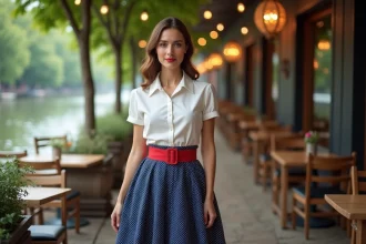 Femme en costume guinguette années 50 avec jupe à pois et ceinture rouge sur une terrasse de guinguette au bord de l'eau