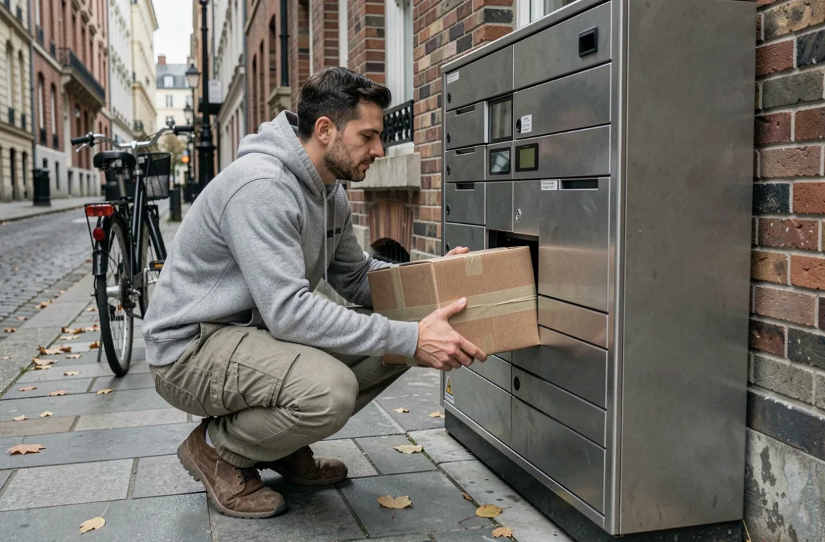 Homme déposant un colis dans une consigne automatique Vinted en extérieur en ville