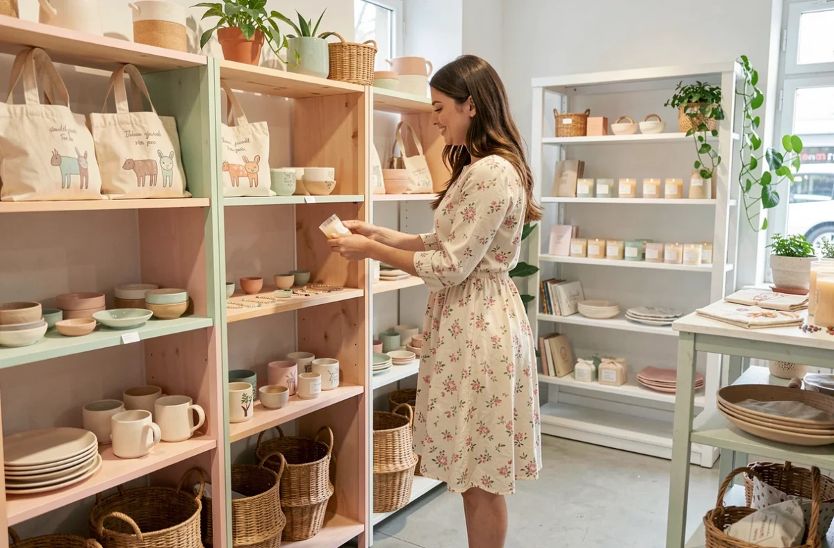 Intérieur coloré du concept store Des Filles et des Pépites à Lille avec des créations artisanales en céramique, bijoux et accessoires sur des présentoirs en bois pastel