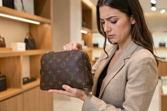 Femme examinant les coutures d'un sac Louis Vuitton pour détecter une contrefaçon en boutique