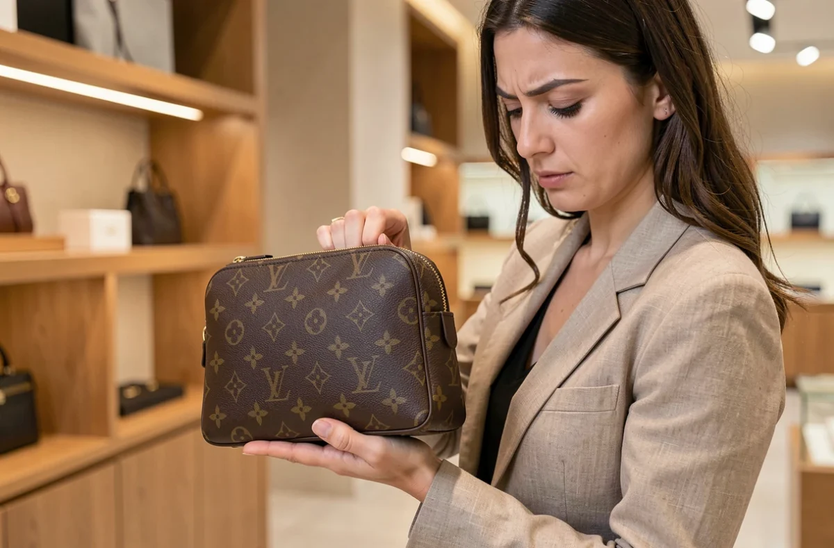 Femme examinant les coutures d'un sac Louis Vuitton pour détecter une contrefaçon en boutique