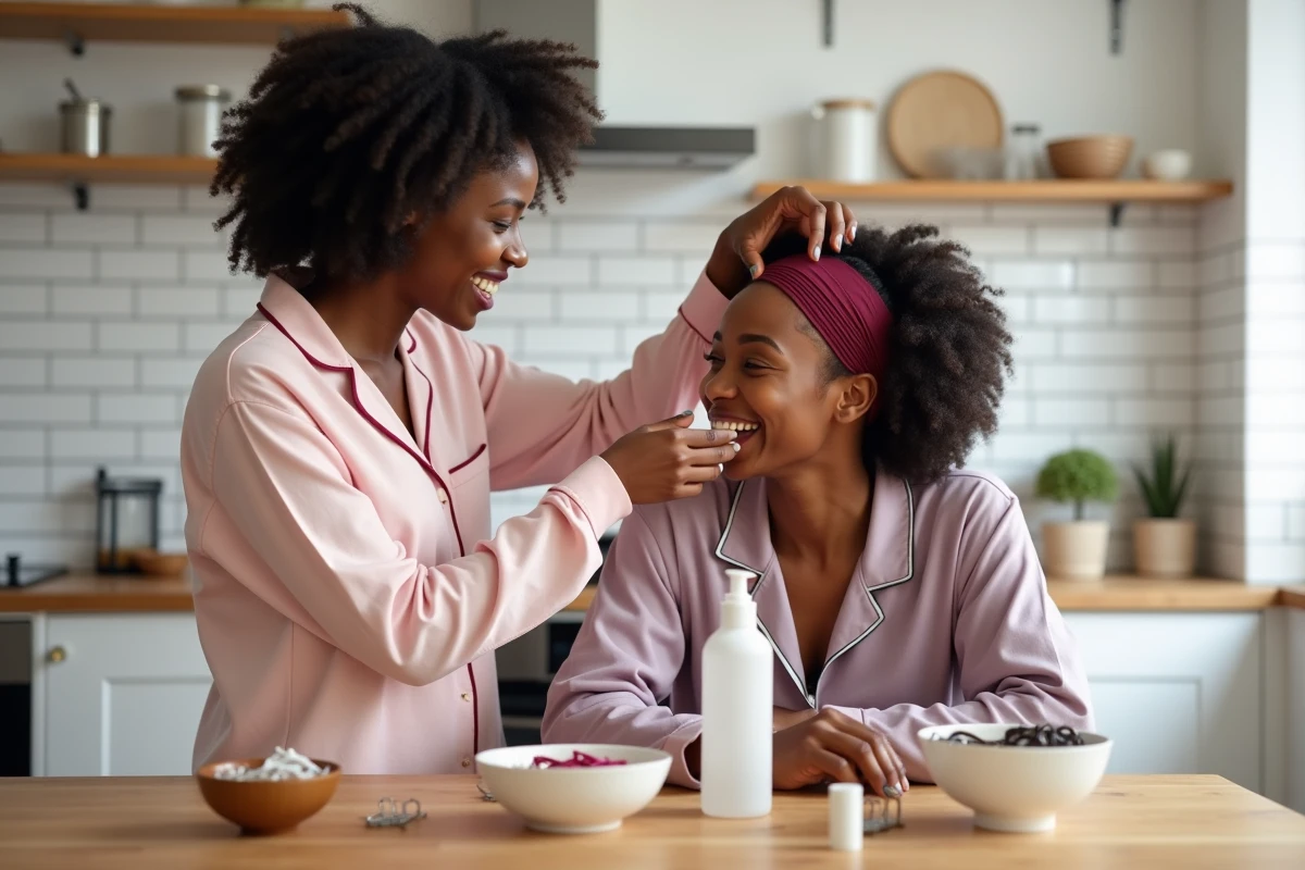 Deux femmes partageant une routine capillaire avec un wave cap dans une cuisine moderne