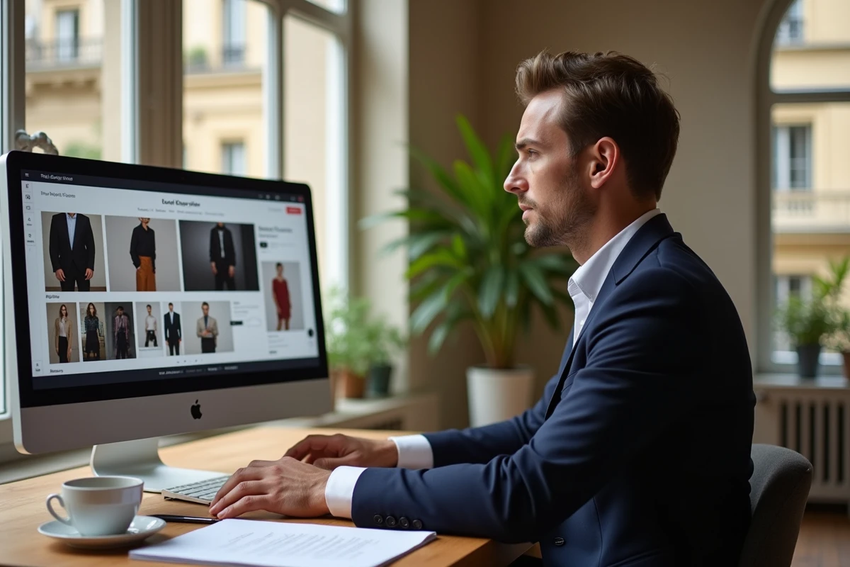 Directeur créatif parisien travaillant sur une plateforme digitale de luxe dans un bureau moderne aux fenêtres en arche