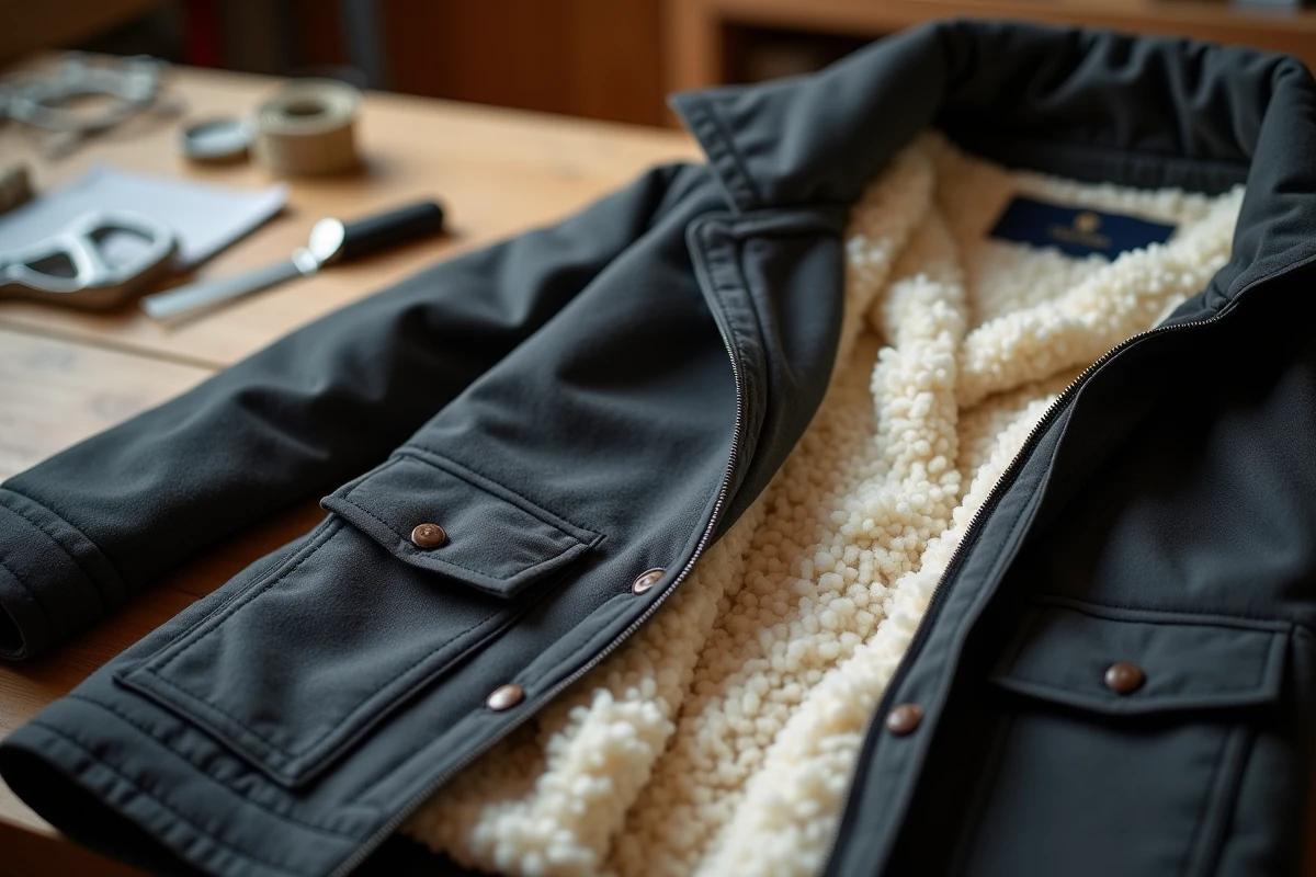 Gros plan sur la doublure sherpa d'un manteau d'hiver ouvert, posé sur une table d'atelier de couture en bois