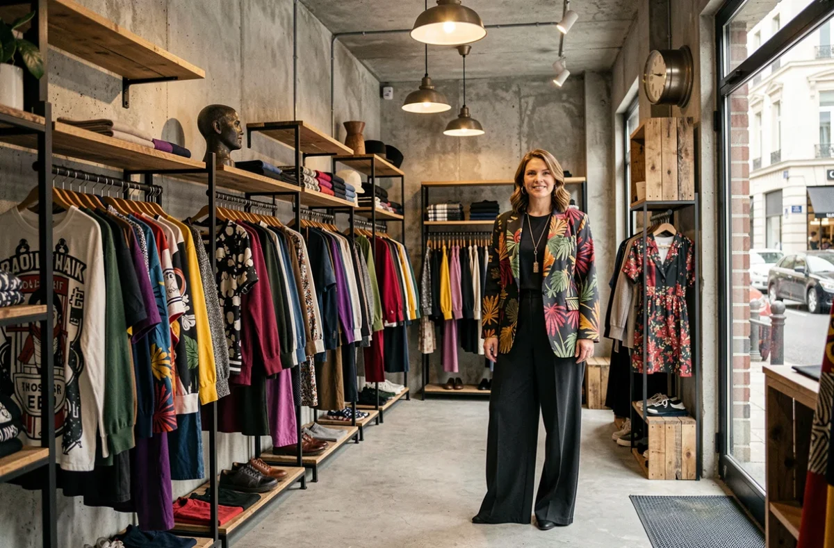 Boutique de mode créateur Edie Grim à Roubaix avec des vêtements graphiques sur portants en métal sombre et murs en béton brut