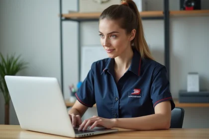Employée La Poste en uniforme consultant le site de commande en ligne de matenues sur un ordinateur portable