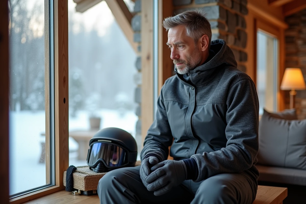 Homme en tenue de ski premium dans un chalet alpin en bois avec équipement haut de gamme