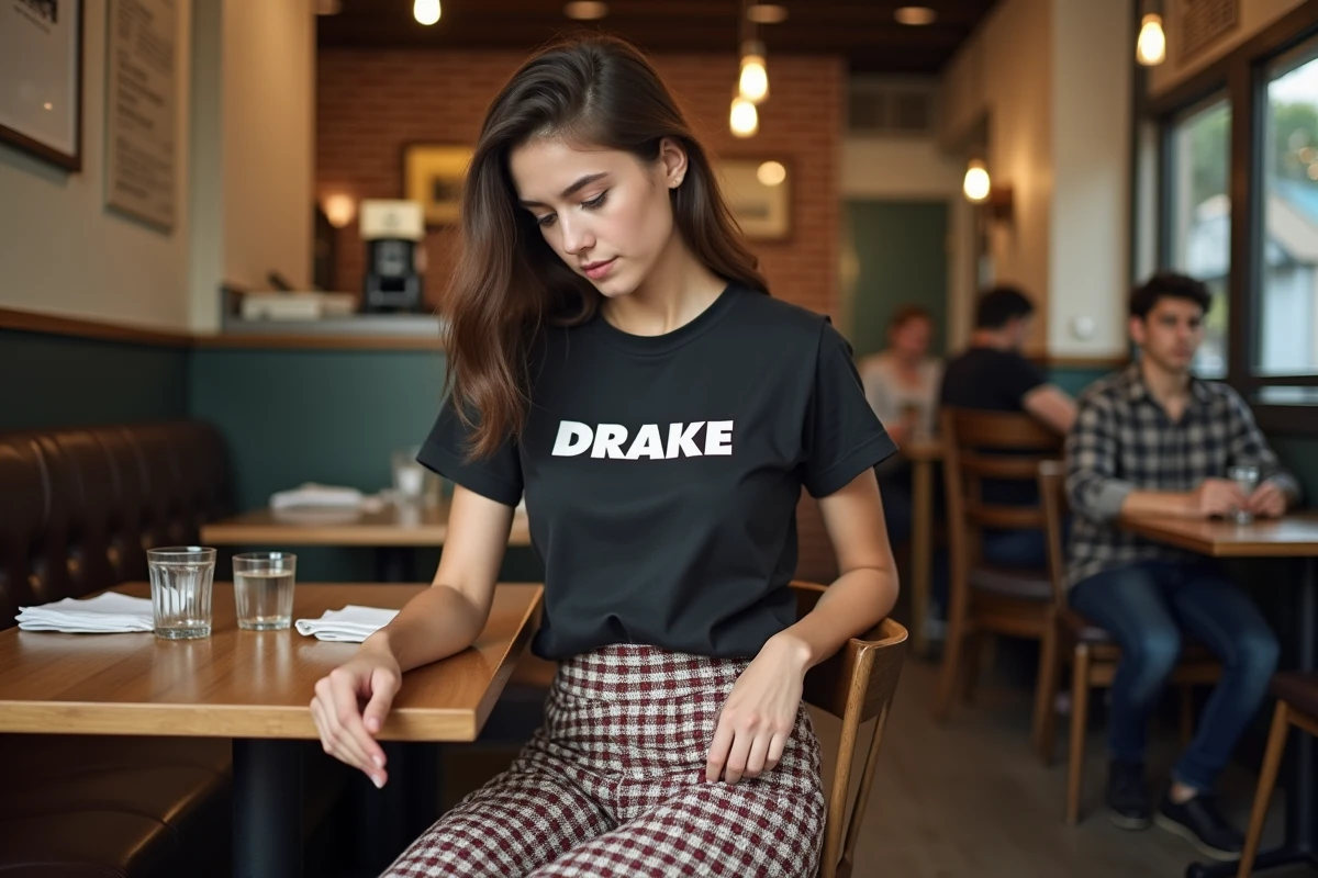 Femme portant un t-shirt Drake mal assorti à une jupe à motifs dans un café, exemple d'erreur de style