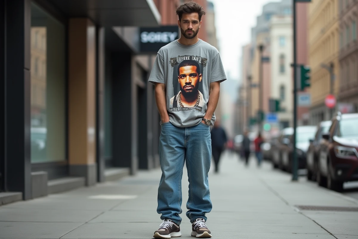 Homme portant un t-shirt Drake mal ajusté avec des erreurs de style vestimentaire en milieu urbain