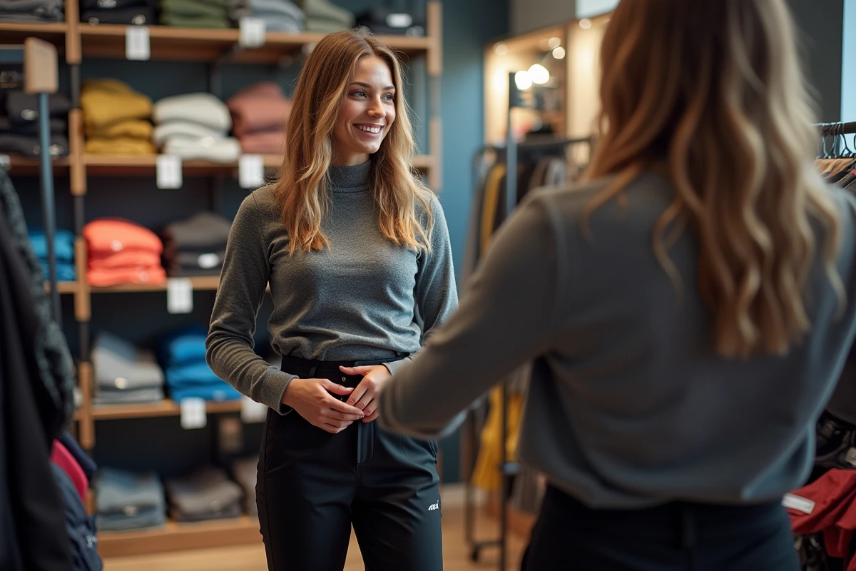 Femme essayant un pantalon de ski en solde dans un magasin de sport spécialisé
