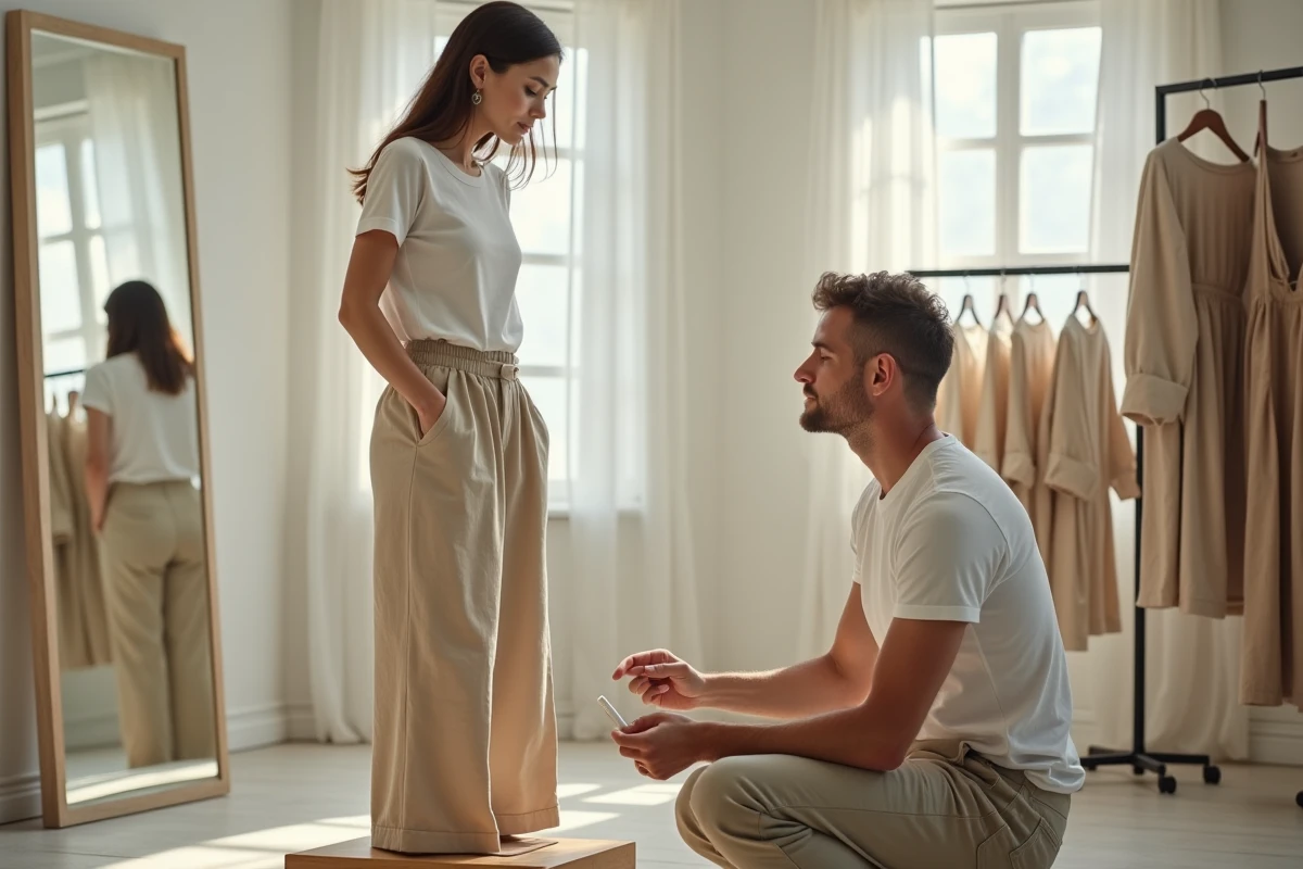 Femme en essayage de pantalon large chez un tailleur professionnel pour une retouche d'ourlet