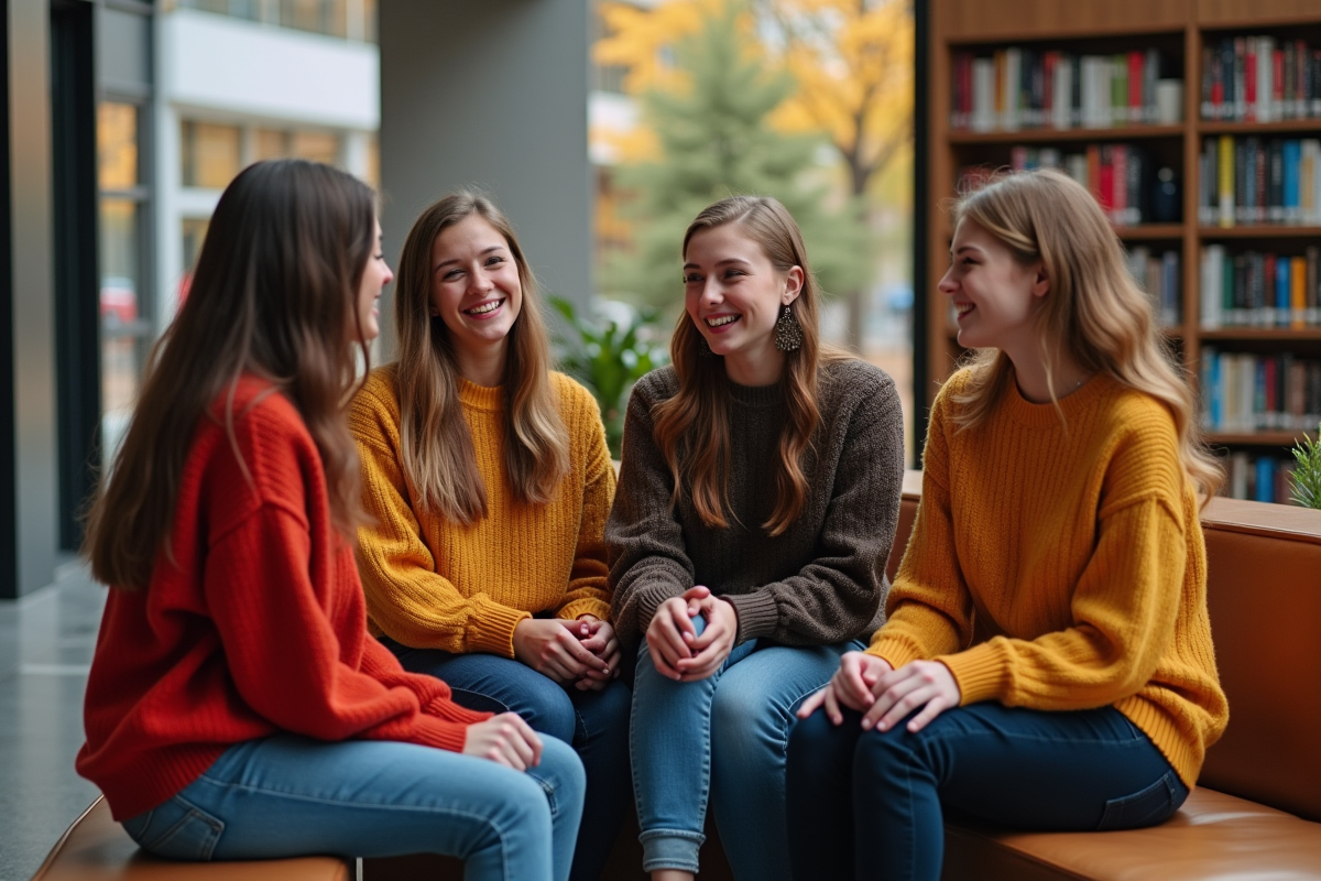 Groupe d etudiants en pulls colorés dans un lounge