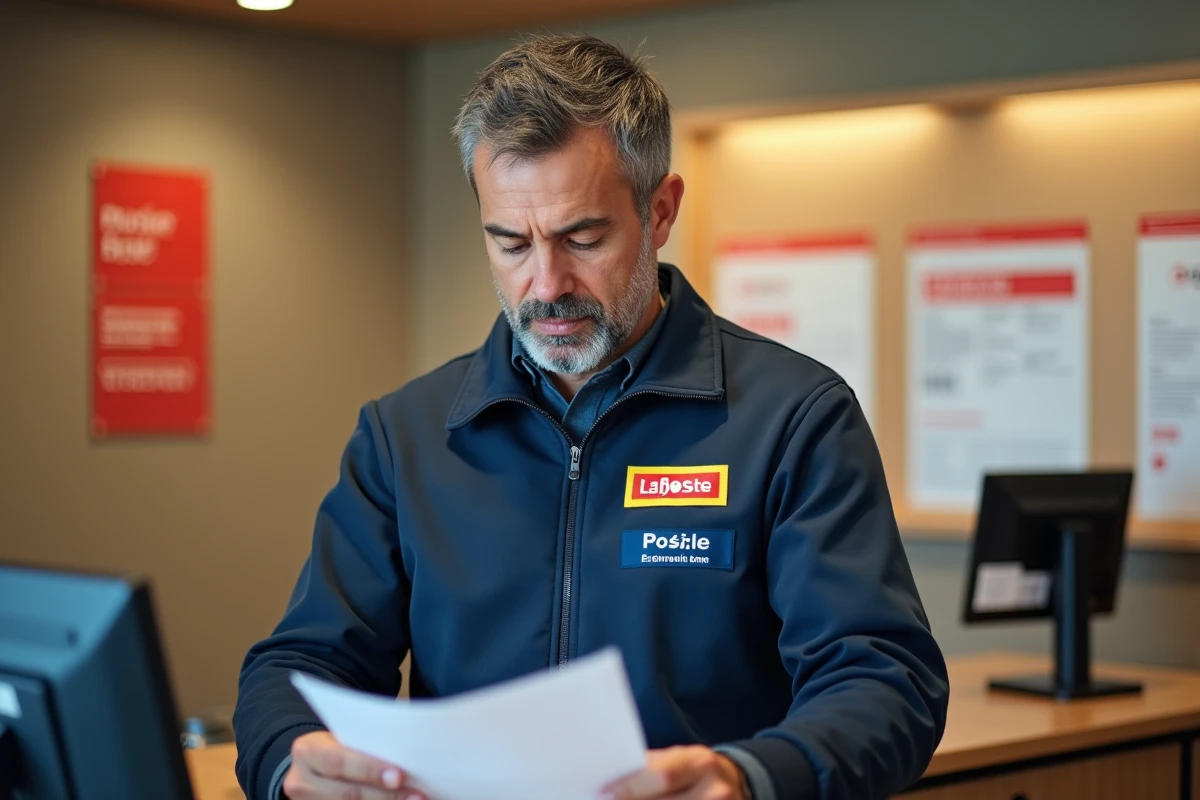 Facteur La Poste vérifiant une confirmation de commande de tenue professionnelle au comptoir d'un bureau de poste
