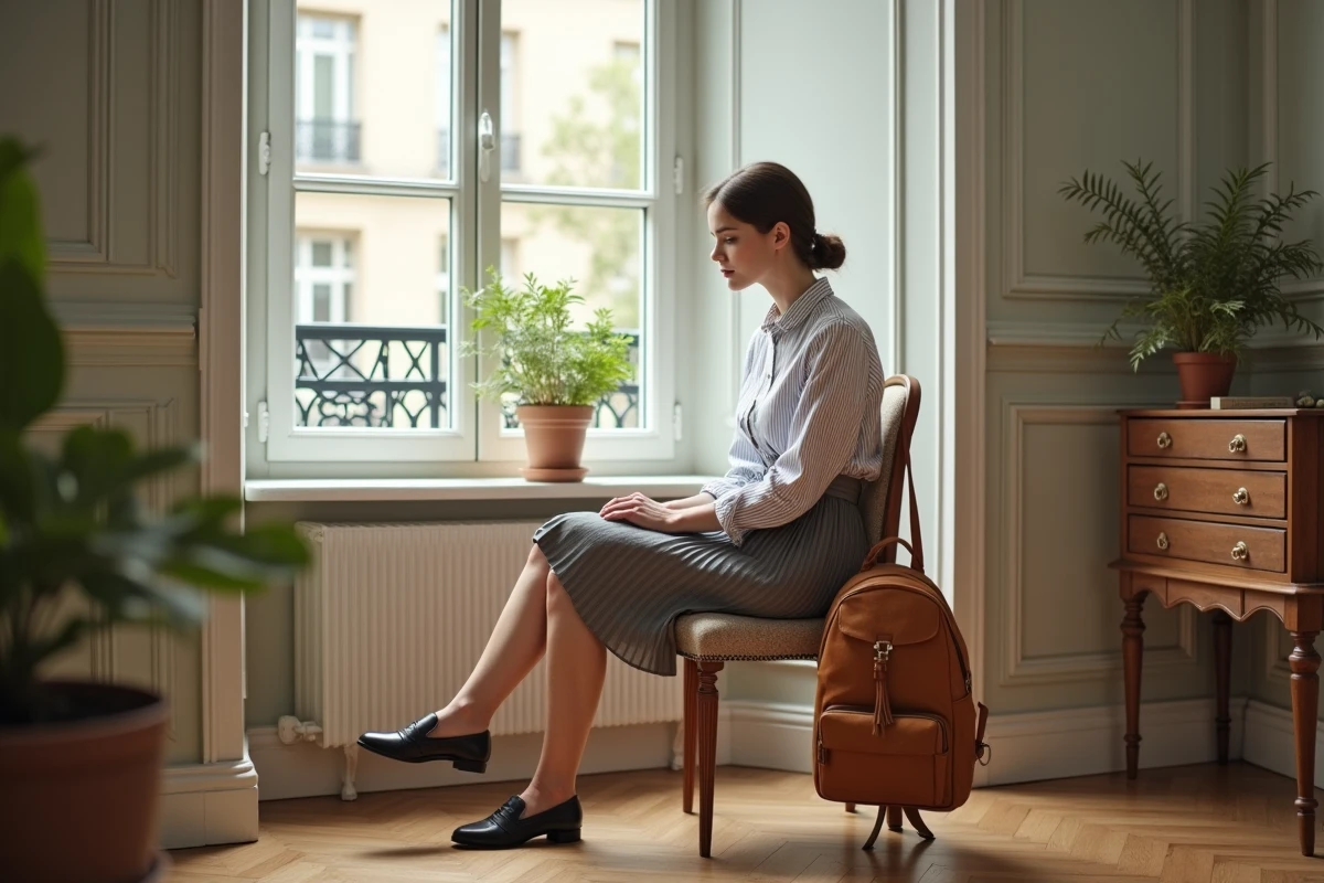 Jeune femme dans un appartement parisien avec sac en suede