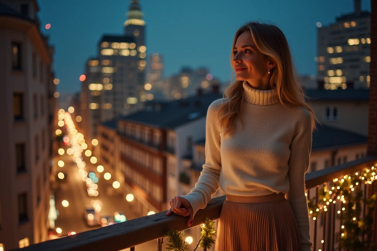 Femme regardant la ville illuminée depuis un balcon festif