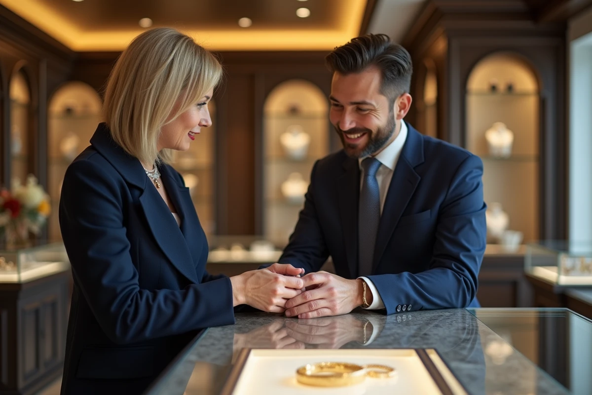 Femme en manteau navy discute avec un bijoutier