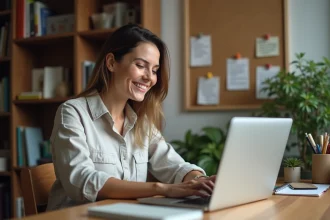 Femme bloguant depuis son bureau à domicile, entourée de matériel créatif et de notes, illustrant la transformation d'un hobby en blog rentable