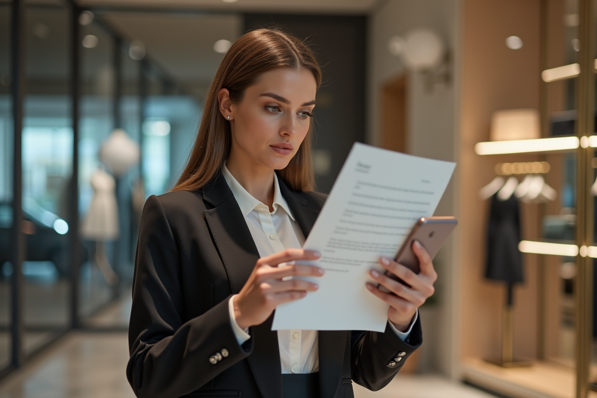 Femme élégante dans une boutique de luxe examine une invitation