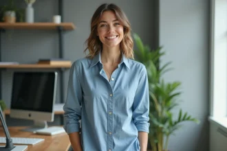 Femme en chemise coton bleue dans un bureau moderne