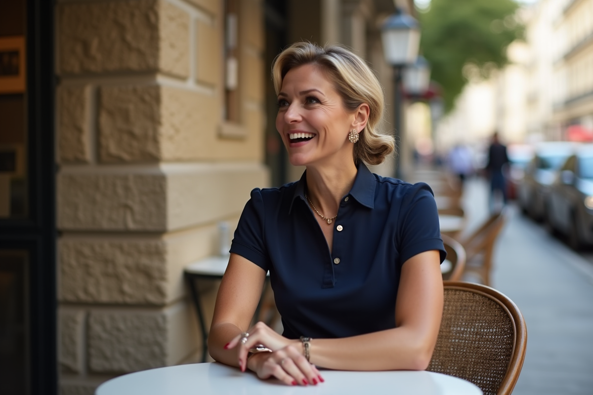 Femme souriante assise à un café parisien en tenue élégante