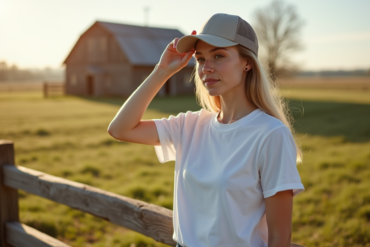 Femme ajustant une casquette mesh dans un paysage rural