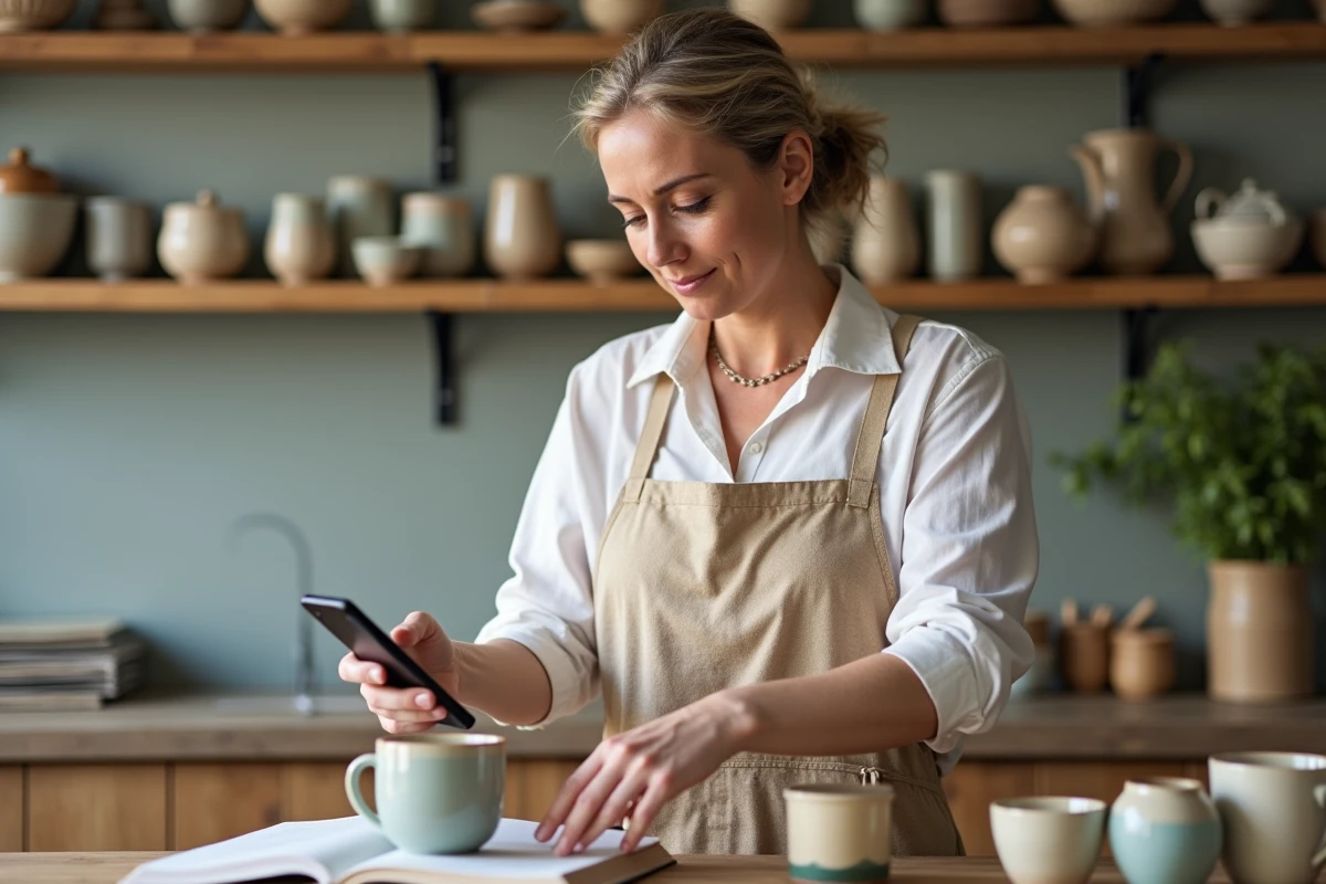 Femme artisan céramiste vérifiant les statistiques de son blog sur smartphone dans un atelier cuisine, symbole du hobby devenu source de revenus