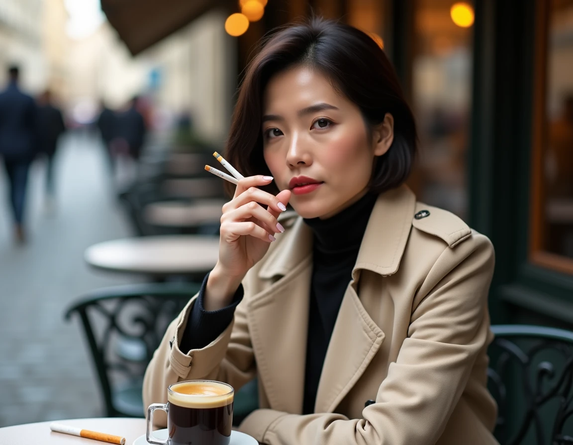 Femme tenant une cigarette slim à la terrasse d'un café parisien, illustrant la comparaison des variantes de cigarettes Vogue par couleur