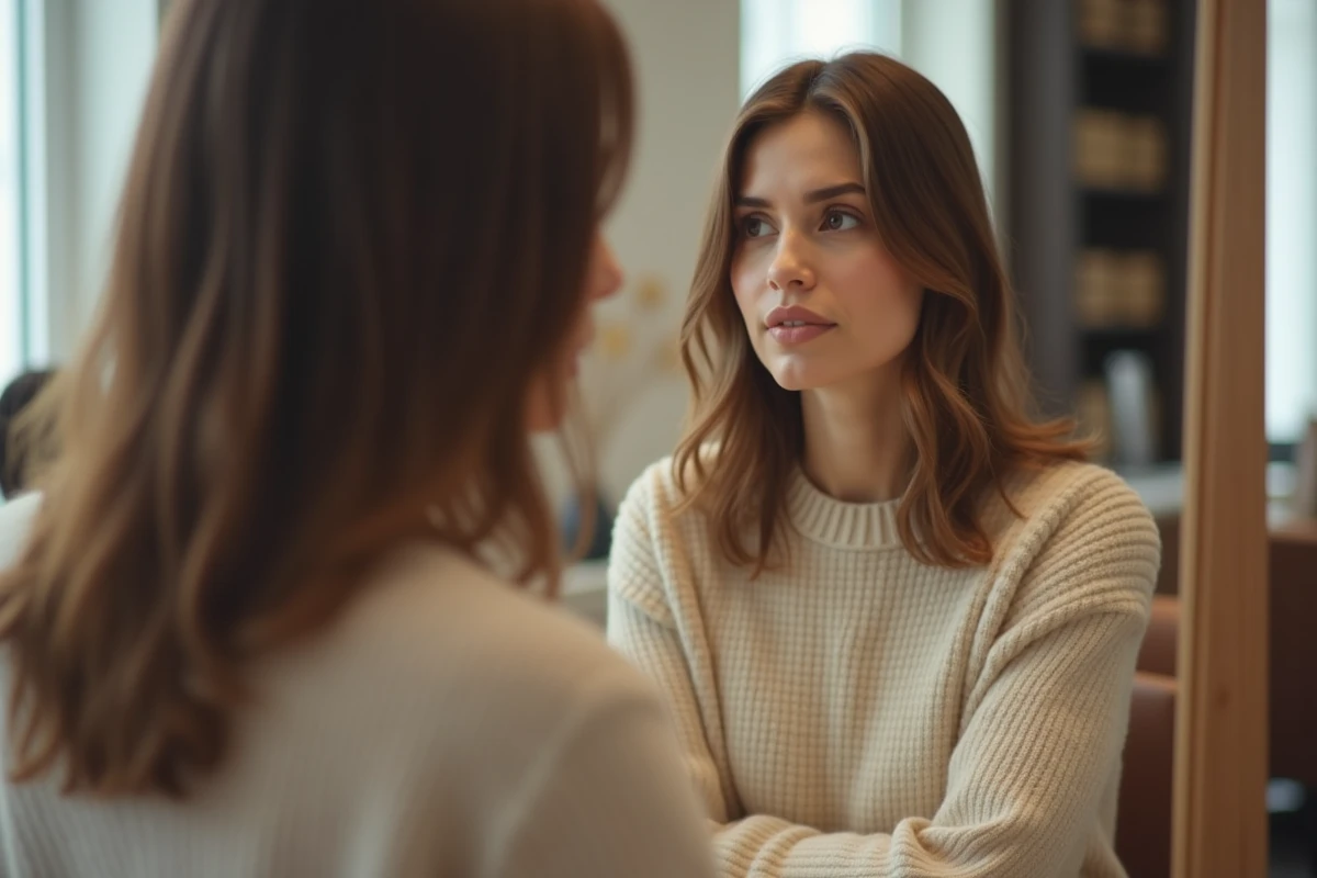 Femme regardant son reflet dans un salon de coiffure moderne