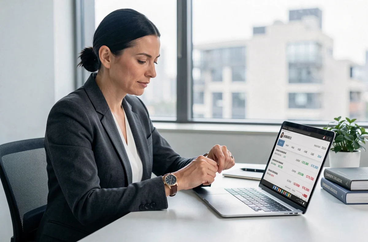 Femme professionnelle comparant deux montres de luxe sur un bureau moderne avec données de prix aux enchères sur ordinateur