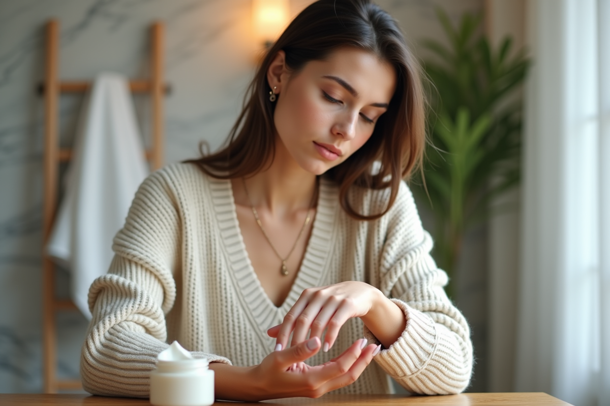 Femme appliquant une creme hydratante sur la main