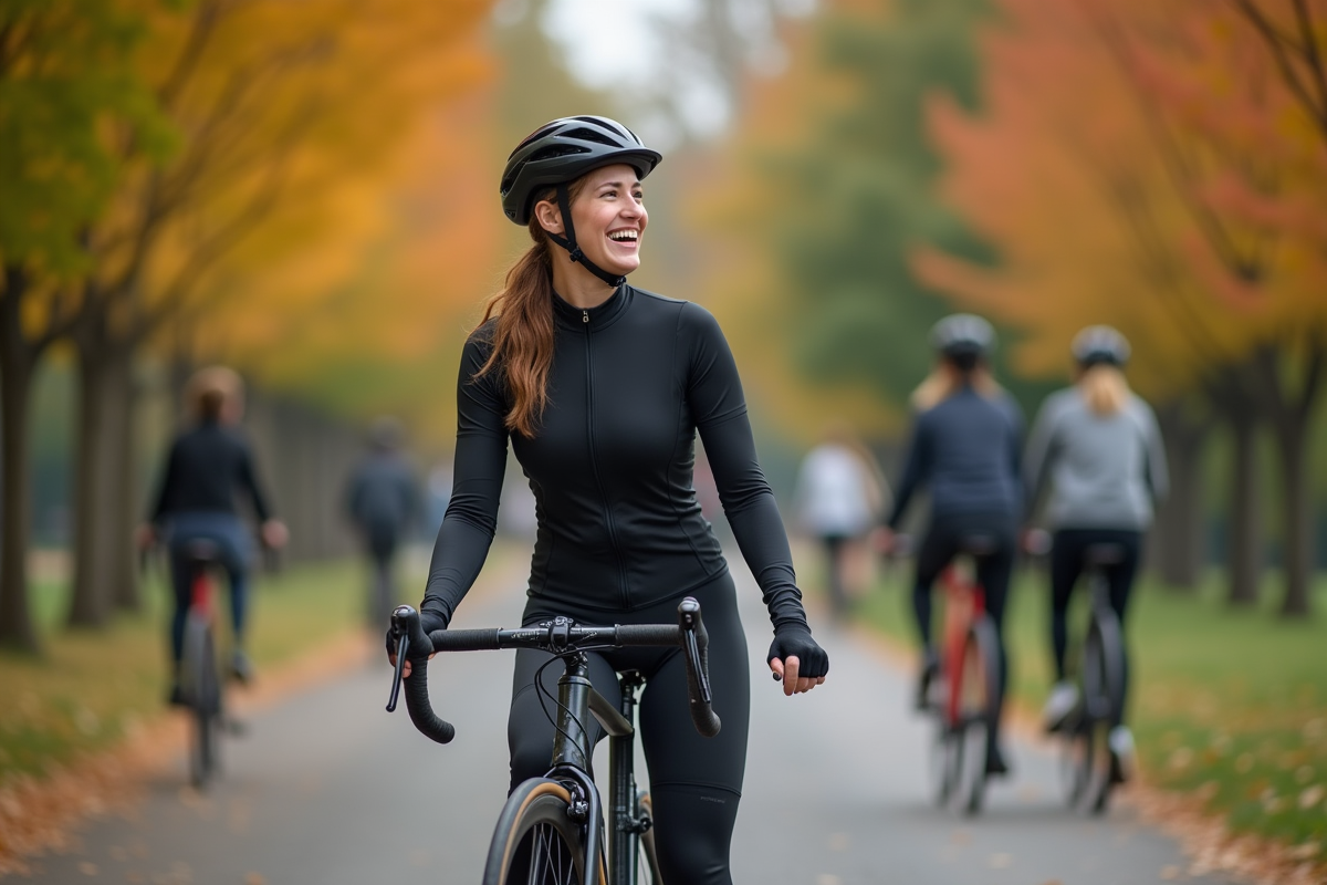 Femme cycliste souriante discutant avec des amis dans un parc urbain