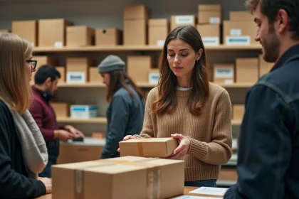 Femme envoi colis dans un shop urbain avec emballages
