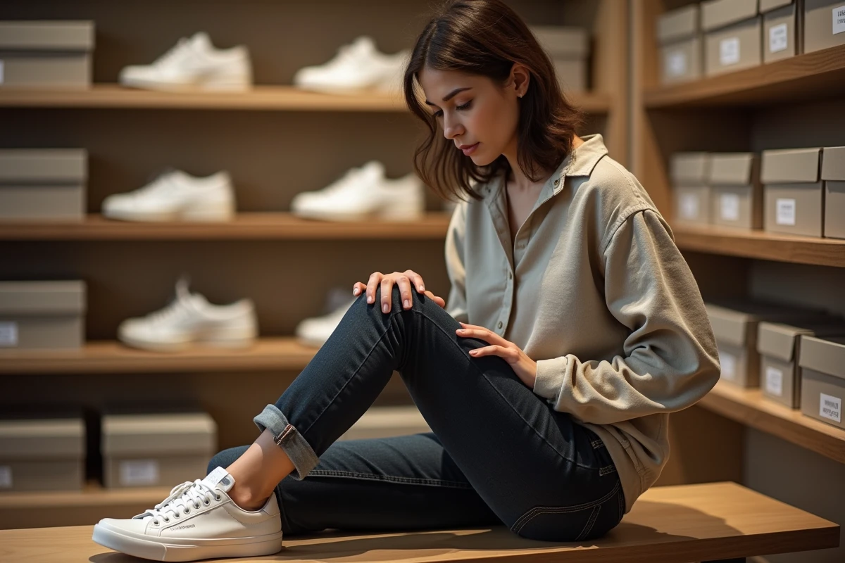 Jeune femme essayant une sneaker blanche dans un magasin de chaussures avec des étiquettes de pointures UK et européennes visibles en arrière-plan